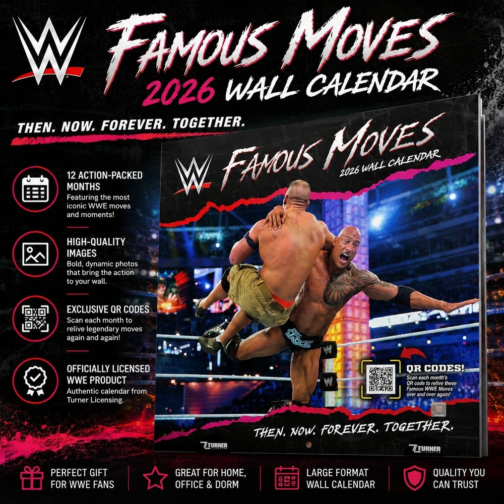 WWE Famous Moves 2026 Wall Calendar Turner Licensing John Cena The Rock QR Codes